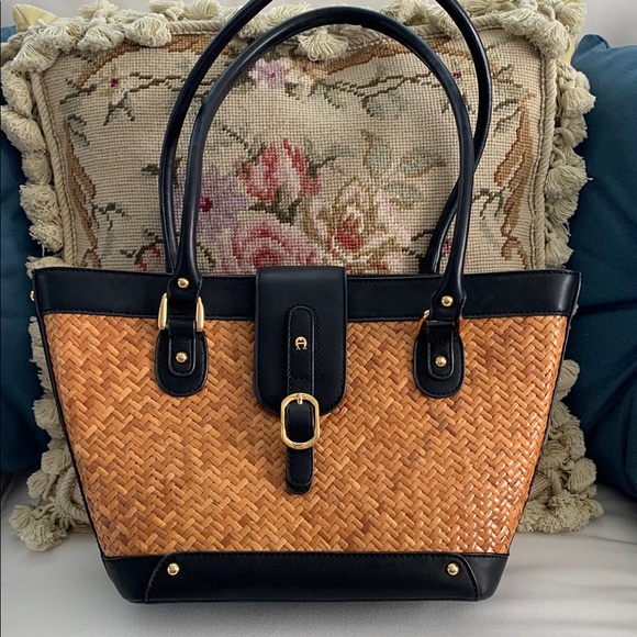 Handbags - Etienne Aigner Elegant Black Leather and Tan Straw Tote Bag